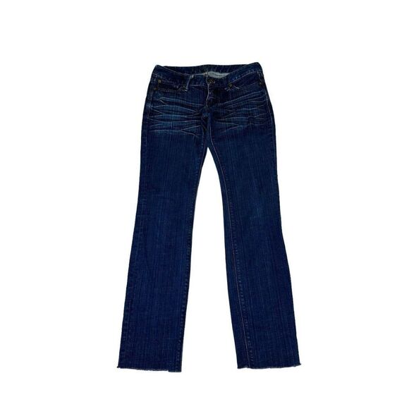Express Dark Wash Stretch Raw Hem Straight Leg Jeans 30 Inseam Womens Size 8/ 41 - Picture 1 of 11